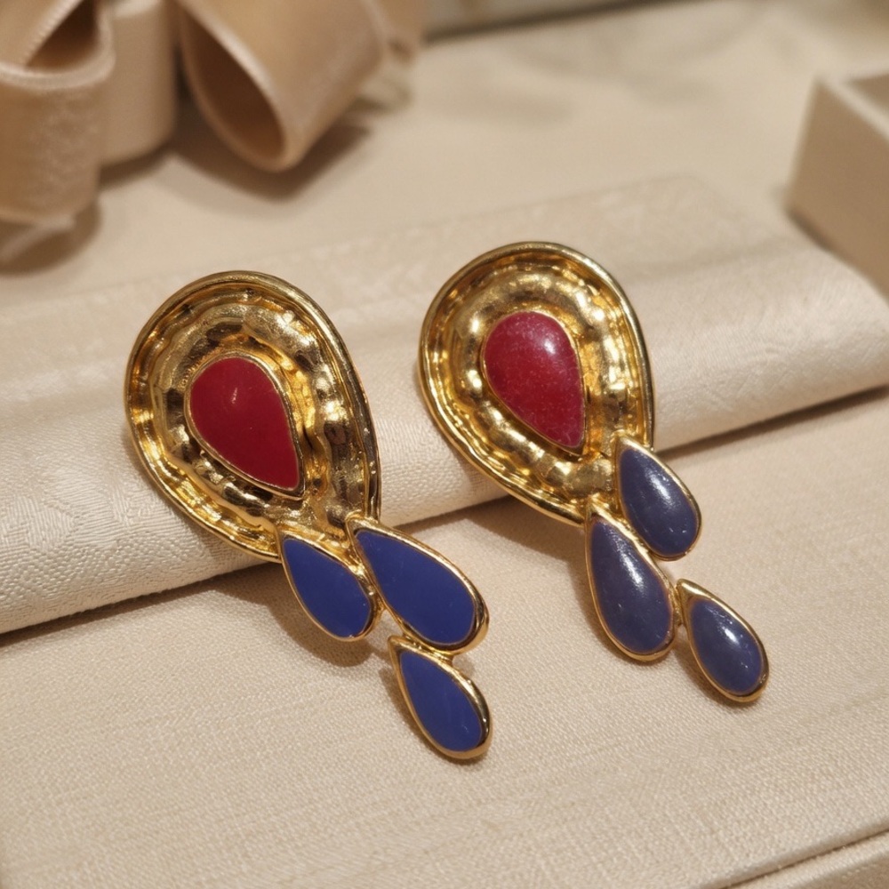 Vintage 80s Gold Tone Red Blue Statement Dangle Earrings Abstract Runway Style